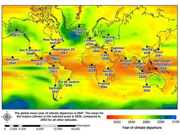 El calendario del cambio climático: los años en que comenzará en diferentes ciudades del mundo. Foto: Universidad de Hawaii
